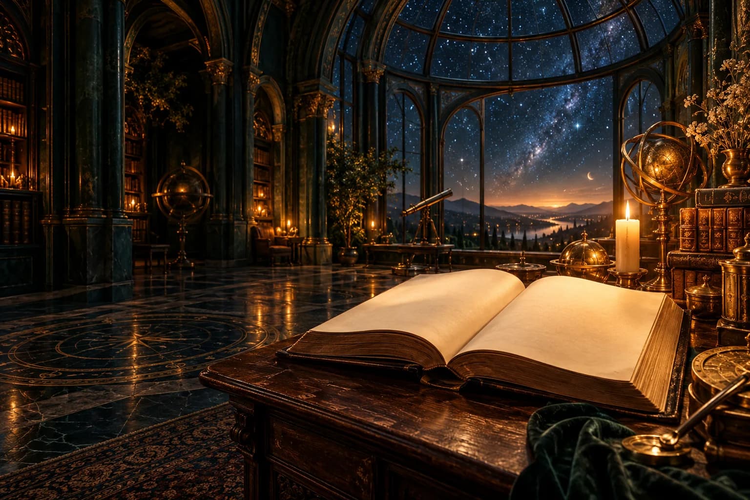 Художественная сцена: книга в ночной обсерватории